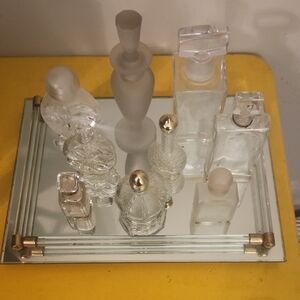 Elegant Glass Perfume Bottle Set with Gold Accents Lot Of 9